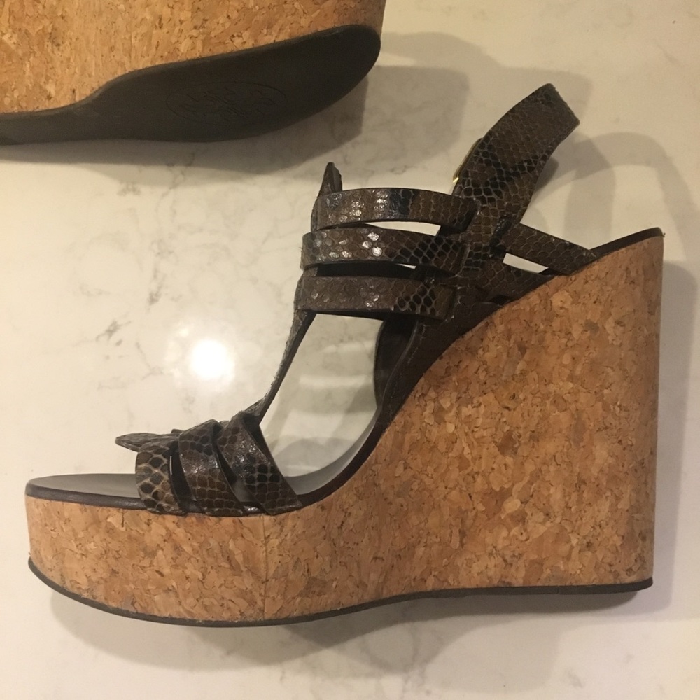 Tory Burch Python Leather Cork Wedge Sandals 8m - image 2